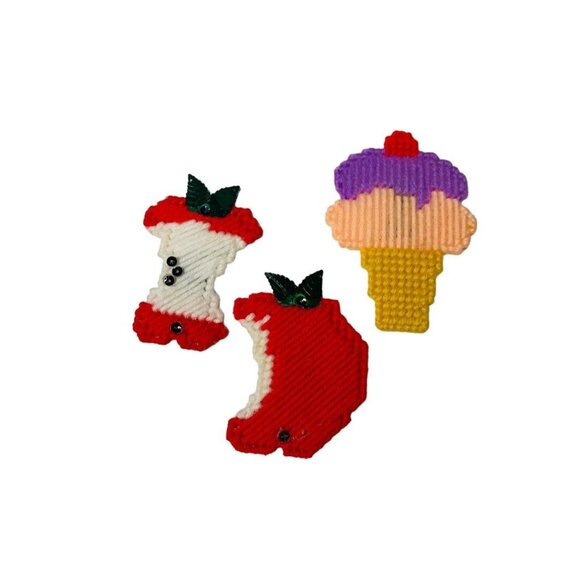 Handmade Vintage 1980s Plastic Cross Stitch Magnets Apple Ice Cream Cone Lot of - Picture 1 of 7